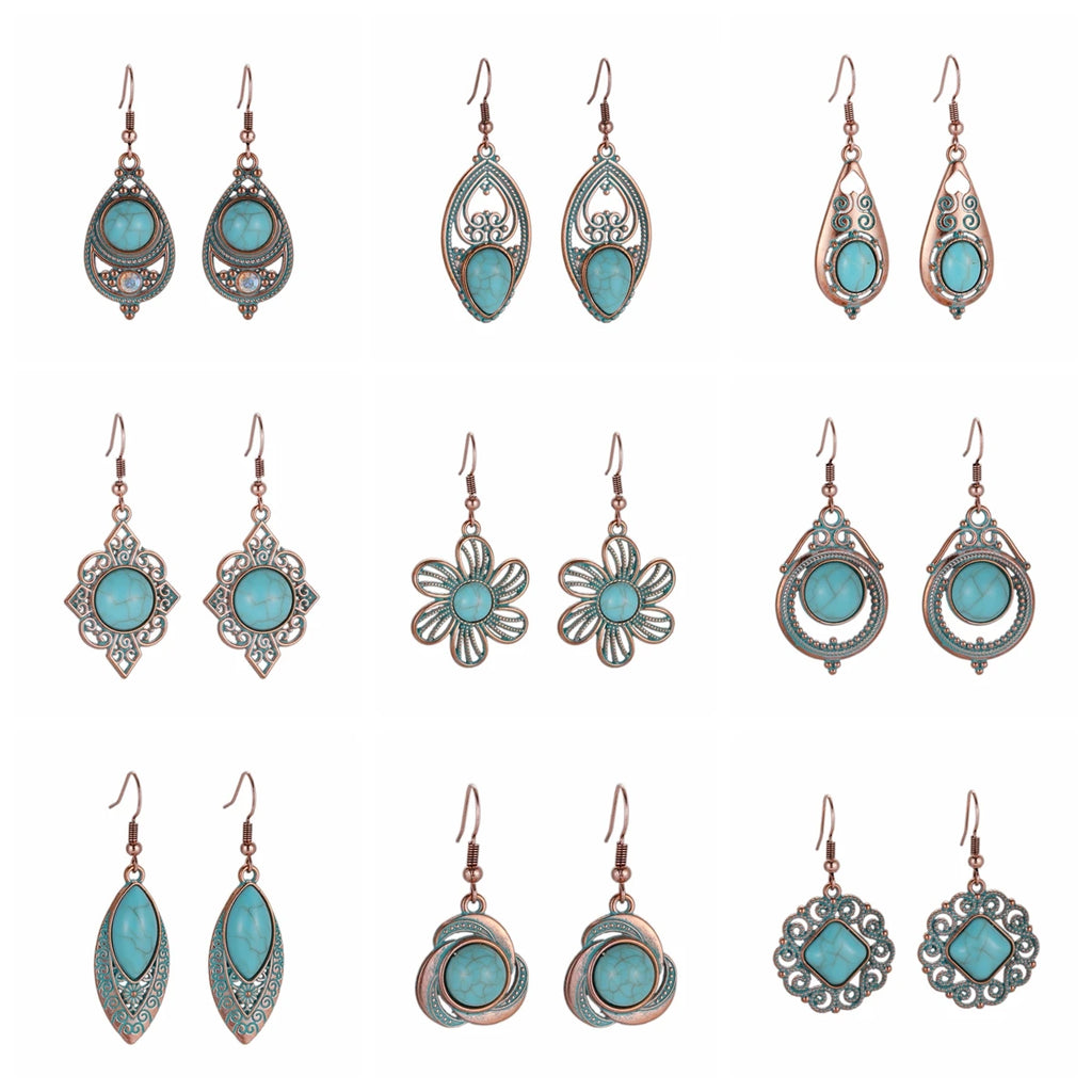 Antique New Blue Stone Turquoise Earring for Women Boho Fashion Bronze Geometric Water Drop Flower Dangle Earrings Jhumka