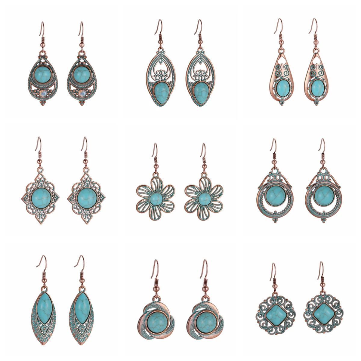 Antique New Blue Stone Turquoise Earring for Women Boho Fashion Bronze Geometric Water Drop Flower Dangle Earrings Jhumka