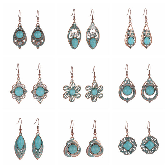 Antique New Blue Stone Turquoise Earring for Women Boho Fashion Bronze Geometric Water Drop Flower Dangle Earrings Jhumka