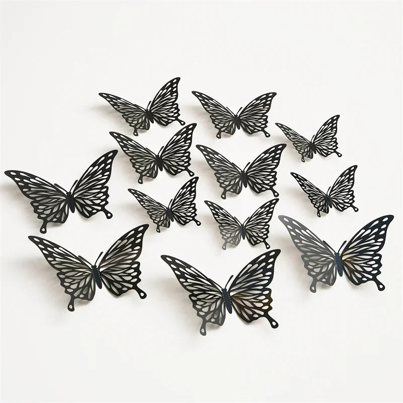 12Pcs Butterfly Decoration Wall Stickers Black Red Pink Blue Hollow 3D Butterflies Kids Room Home Cake Wedding Party Decoration