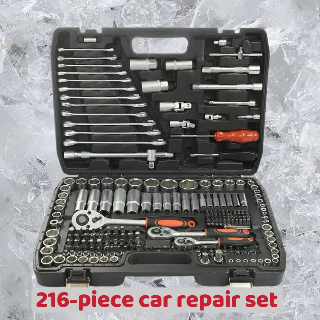 216/46 sets of mechanical tool sets, including 1/2", 1/4" and 3/8" drive SAE and metric sizes, ratchet wrench, multi-function sc
