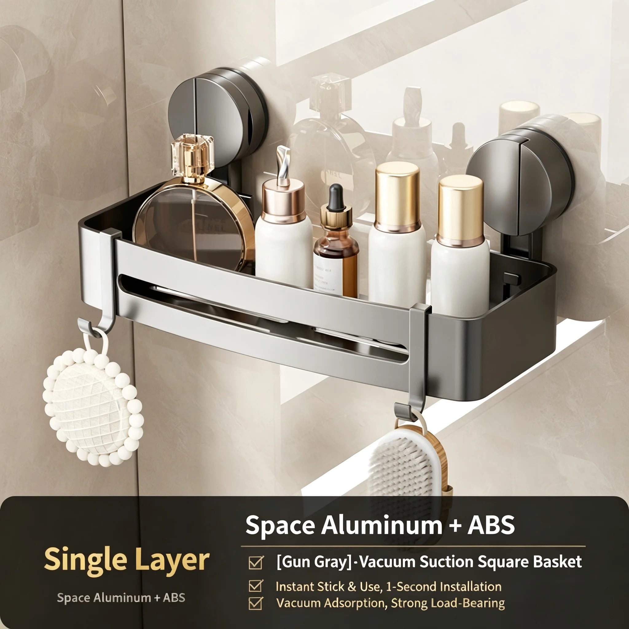 Suction Cup Shower Corner Shelf – Wall Mounted No-Drill Organizer for Shampoo Bottles, Bathroom Storage Rack