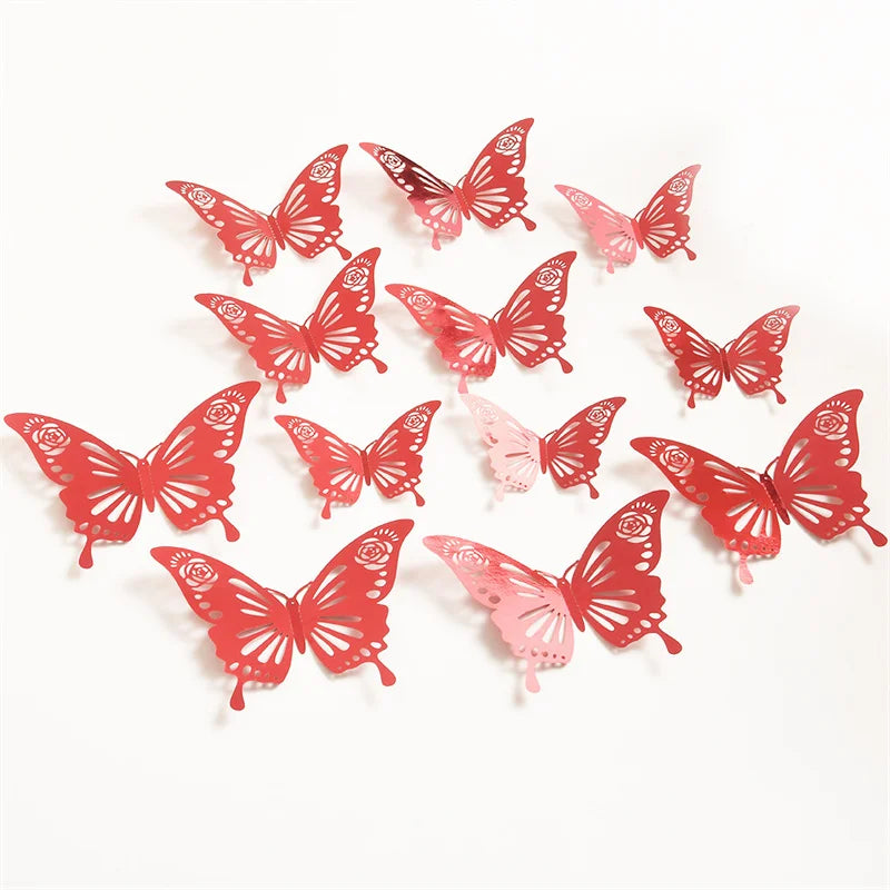 12Pcs Butterfly Decoration Wall Stickers Black Red Pink Blue Hollow 3D Butterflies Kids Room Home Cake Wedding Party Decoration