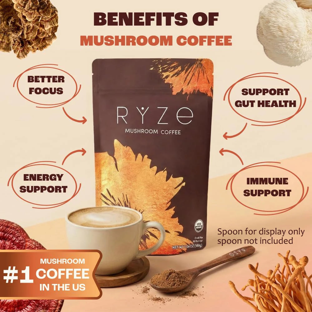 Medium Roast Instant Coffee Powder Mushroom Coffee for Energy, Focus, Digestion, Immunity