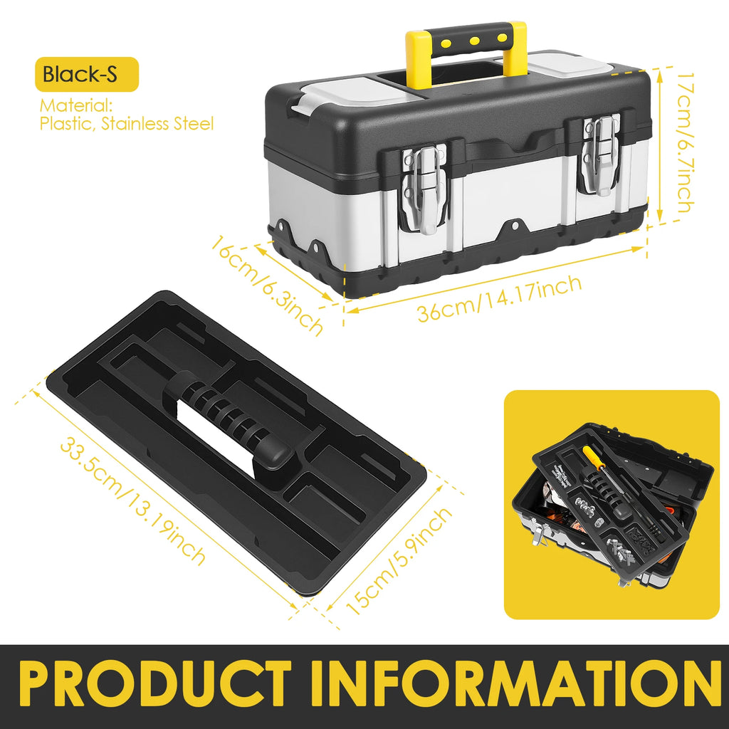 Tool box Stainless Steel Toolbox Suitcase Empty Large Tool Case with Removable Tray Hardware Tool Storage Box Portable Tool Box