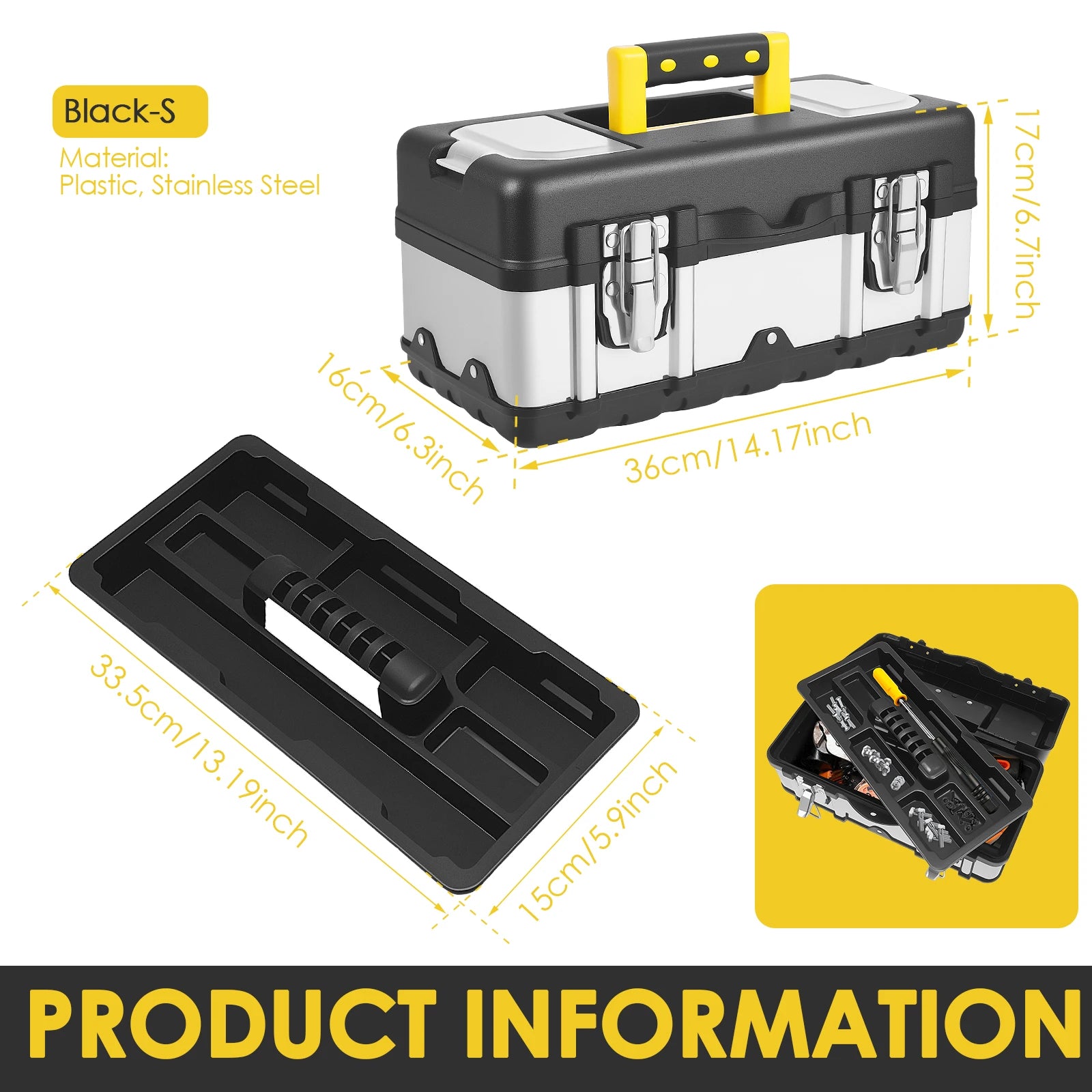 Tool box Stainless Steel Toolbox Suitcase Empty Large Tool Case with Removable Tray Hardware Tool Storage Box Portable Tool Box