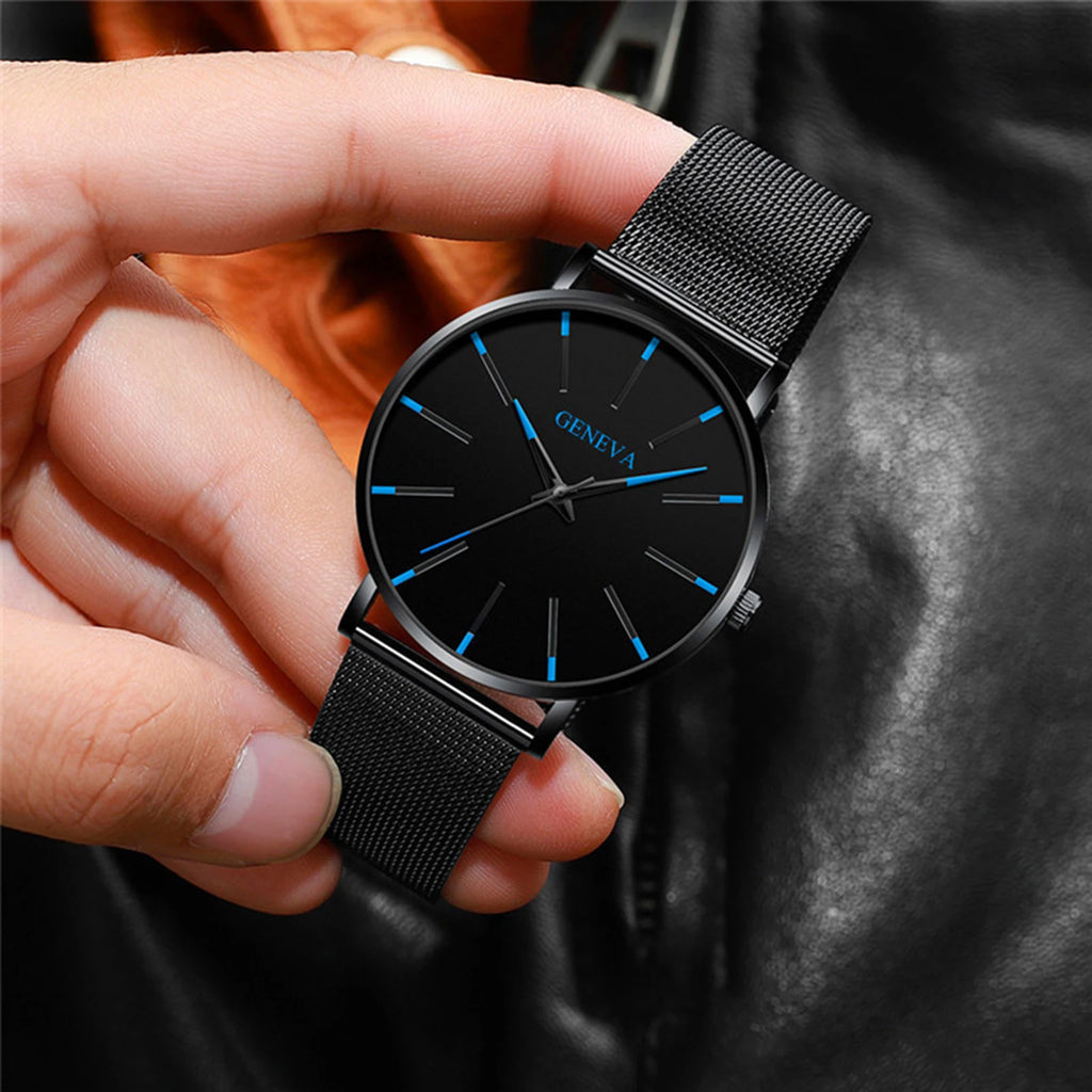 Minimalist Geneva Watch for Men Large Round Dial Mesh Strap Water Resistant Business Casual Quartz Wristwatch