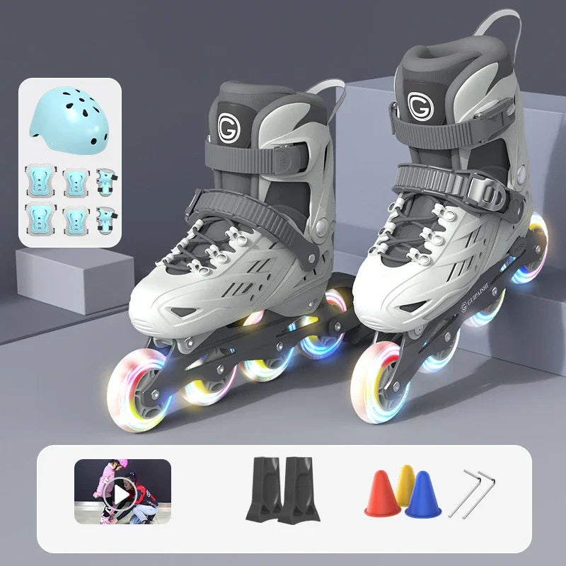 Inline Roller Skates With Helmet, Elbow And Knee Pads Shoe Bag Set Flash 4 Wheels Sneakers For Boys Girls Adjustable Skate Shoes