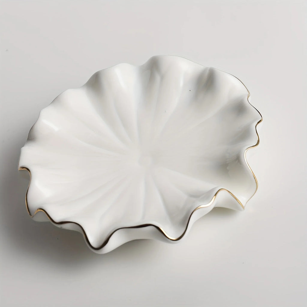 1pc Elegant White Ceramic Soap Dish with Golden Rim,Shell-Inspired Design, Round for Lotus Leaf Shape Holder