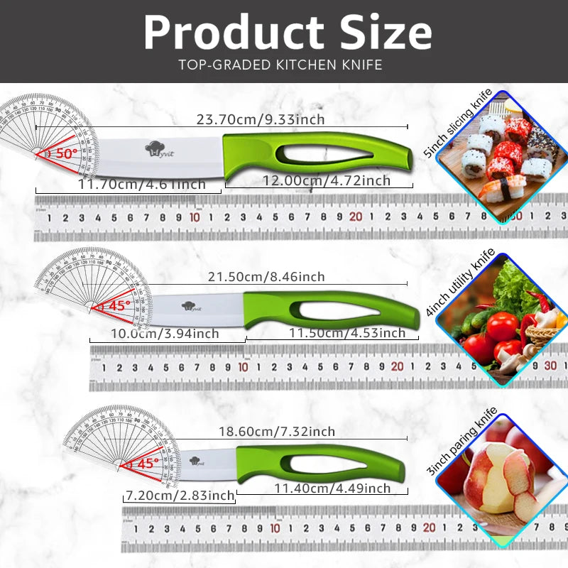Ceramic Knives 3 4 5 Inch Fruit Utility Slicing Knives Green Handle White Blade Cooking Kitchen Knife Cook Set