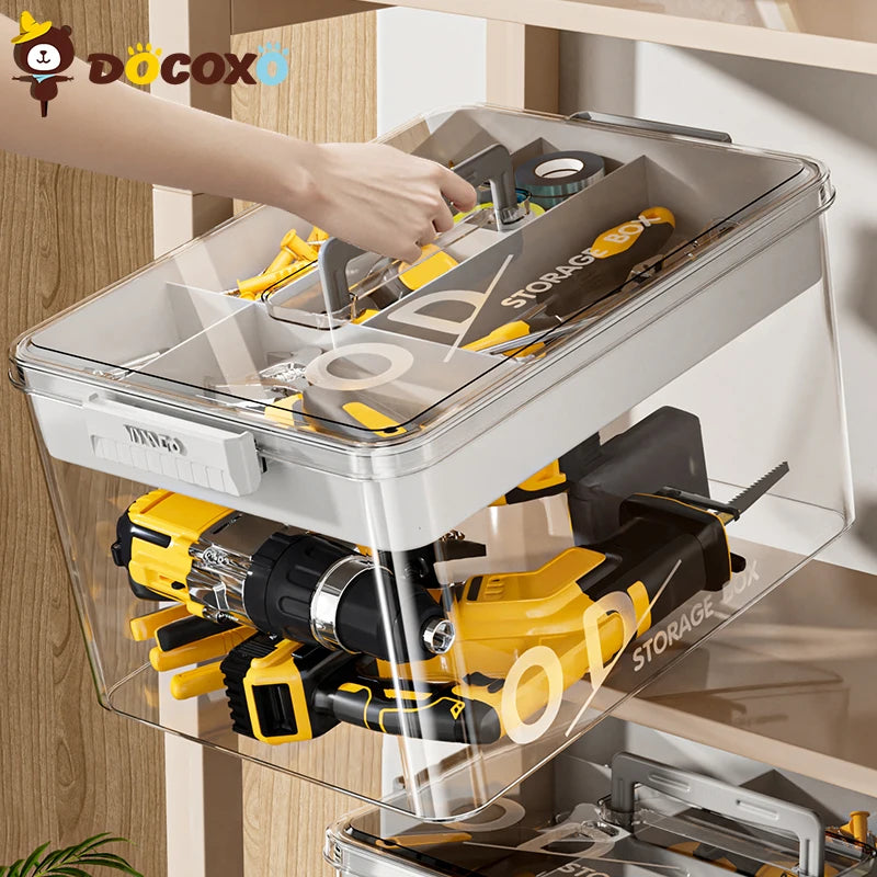 Tool Storage Box, Large Capacity Organizer Case with Removable Dividers, Portable Heavy Duty Plastic Toolbox for Hardware, Works