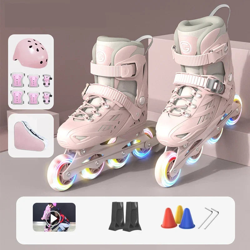 Inline Roller Skates With Helmet, Elbow And Knee Pads Shoe Bag Set Flash 4 Wheels Sneakers For Boys Girls Adjustable Skate Shoes
