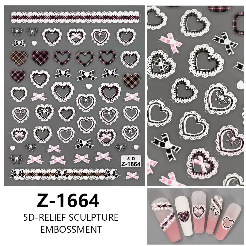 Sweet Pink Bowknot Black Lace Heart Nail Stickers 3D Self Adhesive Nail Art Stickers Manicure Decorations Decals