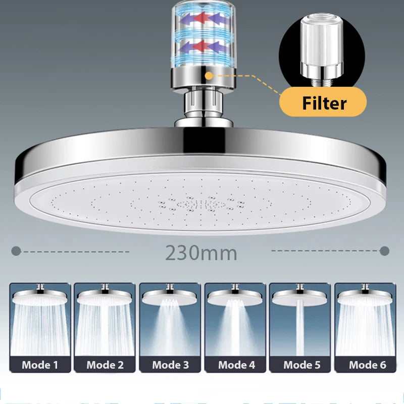 6 Modes Rainfall Shower Head Bathroom High Pressure Top Rain Shower Heads Shower Faucet Accessories With Filter