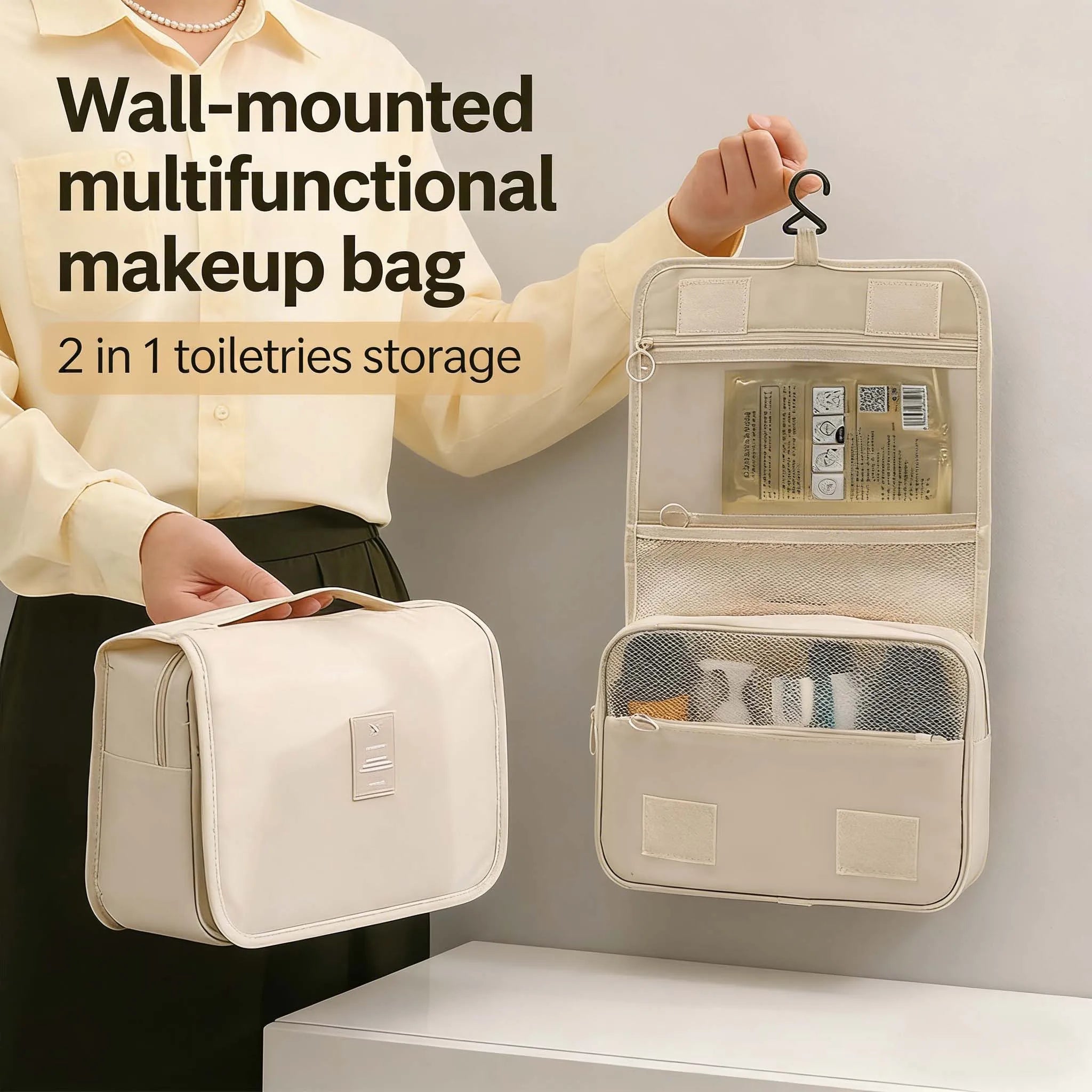 Premium Waterproof Travel Makeup Bag for Women – Hanging Toiletry Organizer with Hook, Spacious Bathroom Wash Pouch & Dry-Wet Se