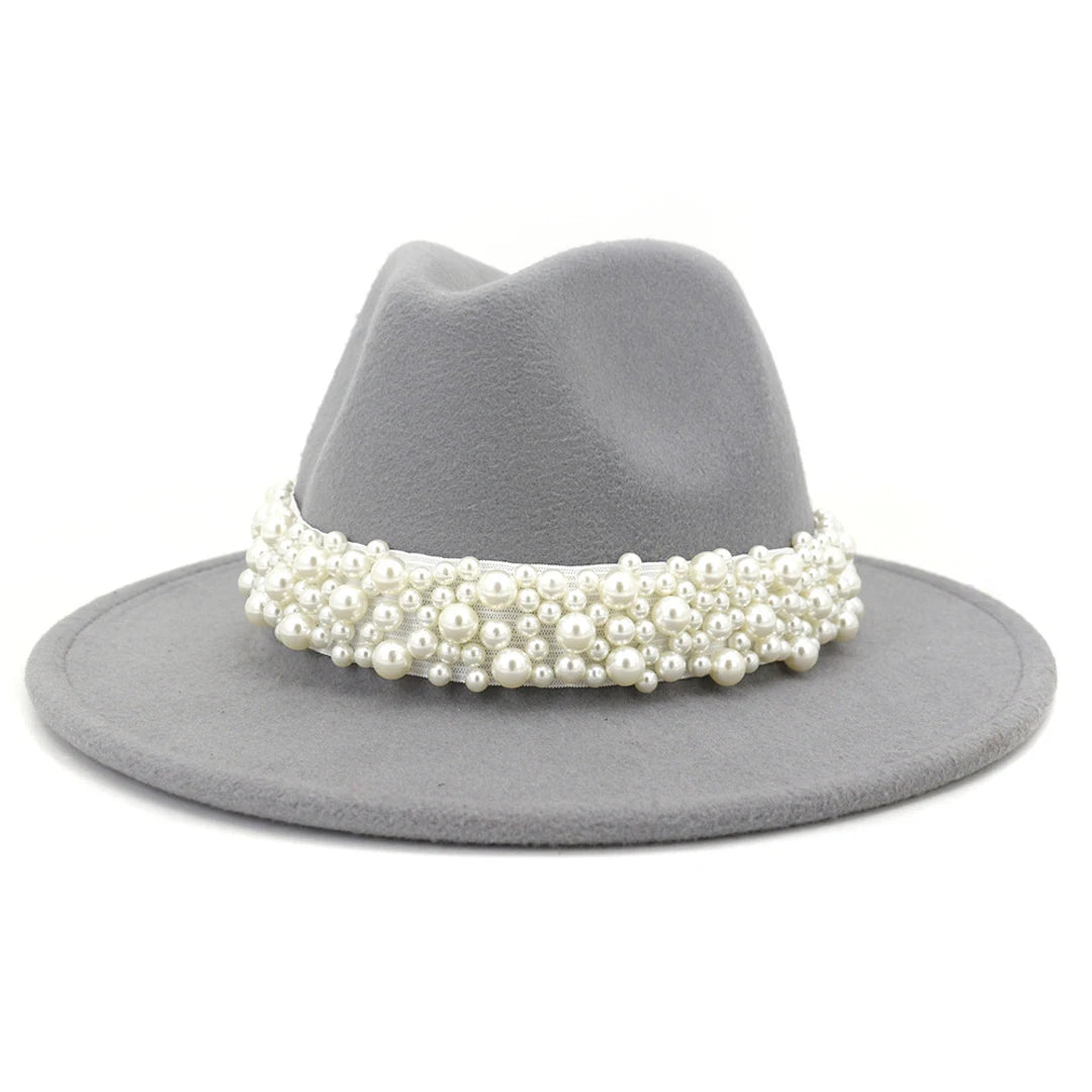 Fedora Hats for Women Wool Felt Panama Hat with Pearl Band Wide Brim Felt Hat Classic Trilby Jazz Hat Church Hats Women Elegant