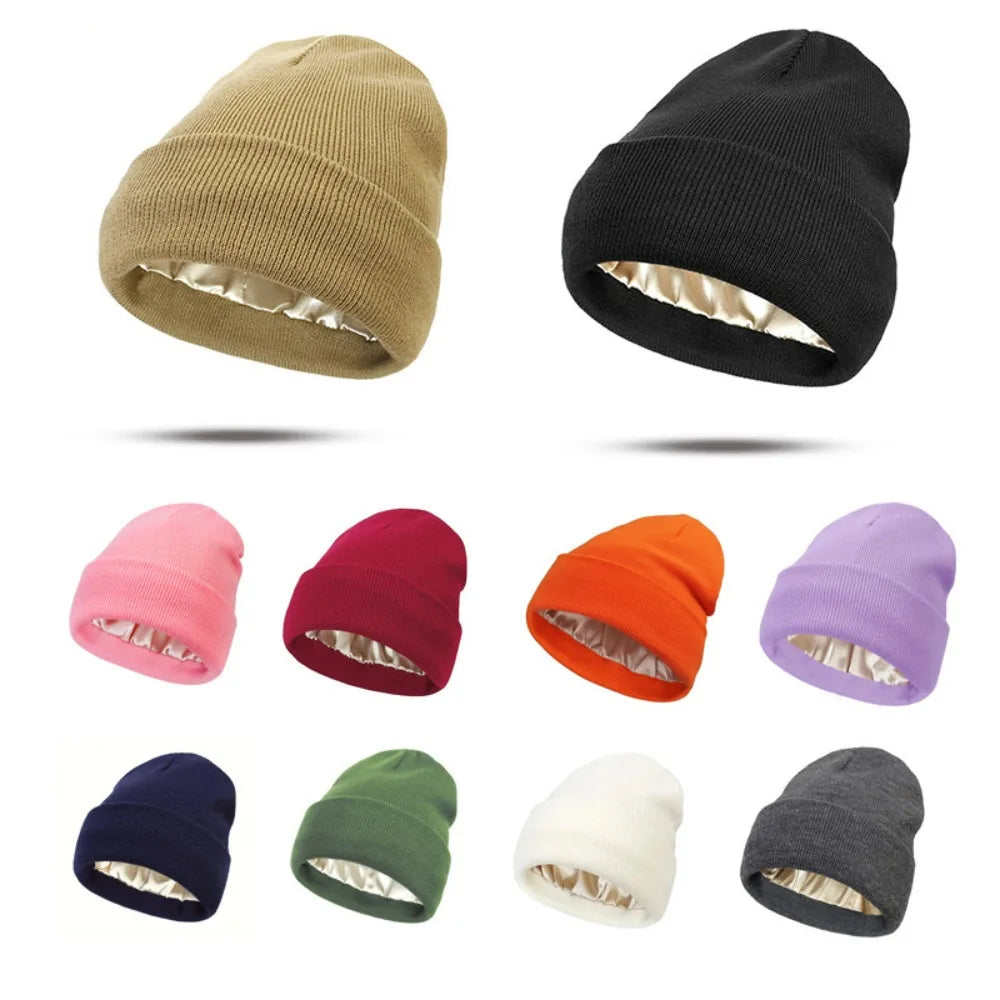 Women's Hats for Autumn&Winter-Comfortable Stylish Versatile Warm-Keeping Hairstyle-Protecting Knitted Satin Woolen Hats
