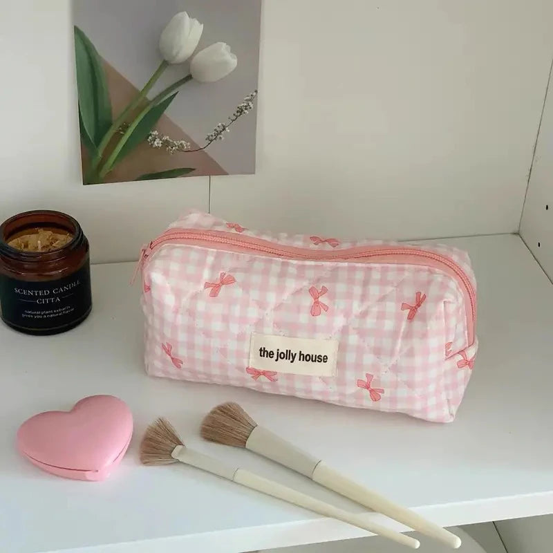 3 Type Quilting Cosmetic Bag Ladies Large Capacity Travel Organizer Washbag Cute Bow Knot Pattern Make Up Zipper Storage Bag