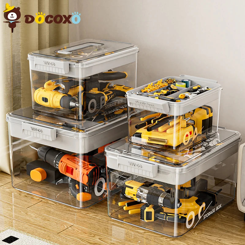 Tool Storage Box, Large Capacity Organizer Case with Removable Dividers, Portable Heavy Duty Plastic Toolbox for Hardware, Works