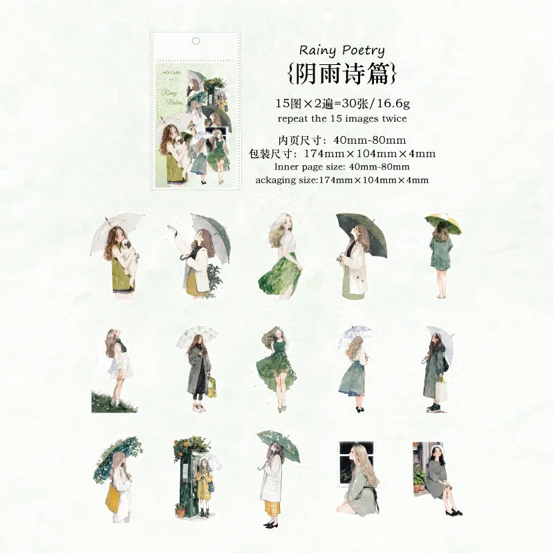 30 Sheets Girl Holding Umbrella in Rain Sticker Pack DIY Handmade Album Scrapbooking Decor Paper Supplies
