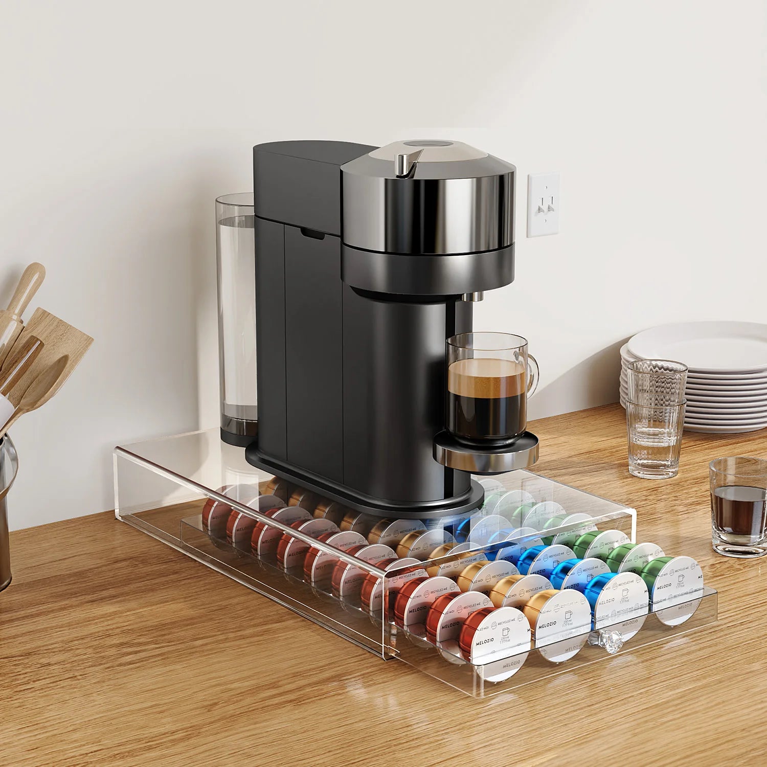 Coffee Pods Holder Acrylic Drawer Compatible with Nespresso Vertuo Capsules 40 Pods Storage Organizer Plastic Material Drawer