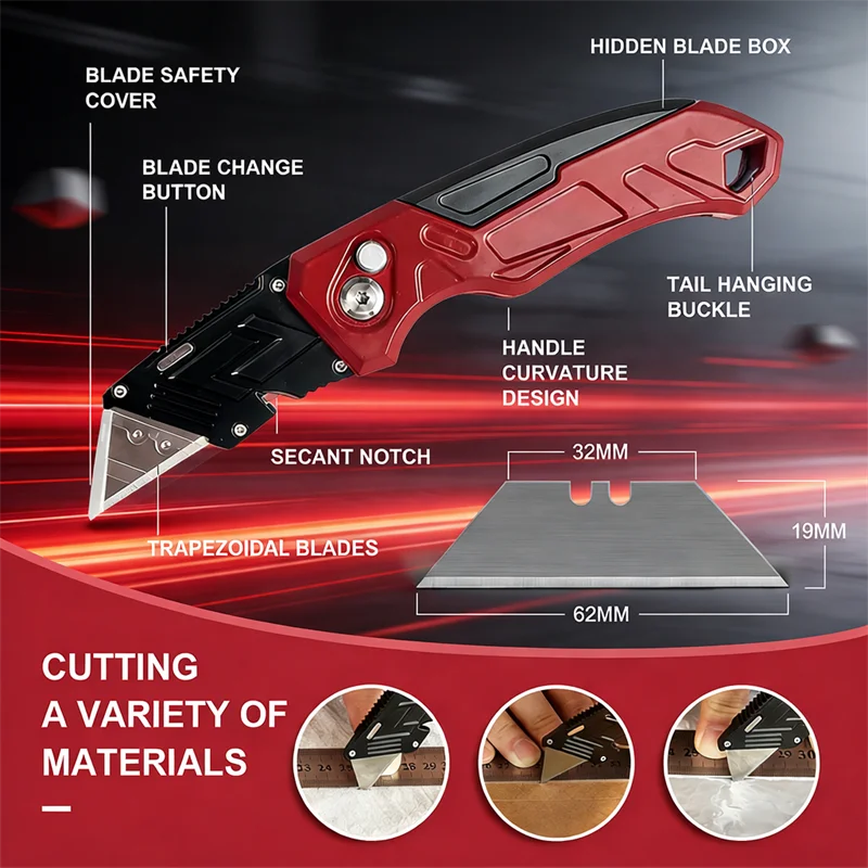 Folding Utility Knife Box Cutter 3-Position Blades Blade Storage Design With Extra 3 Blades Box Knife For Cartons Hand Tools