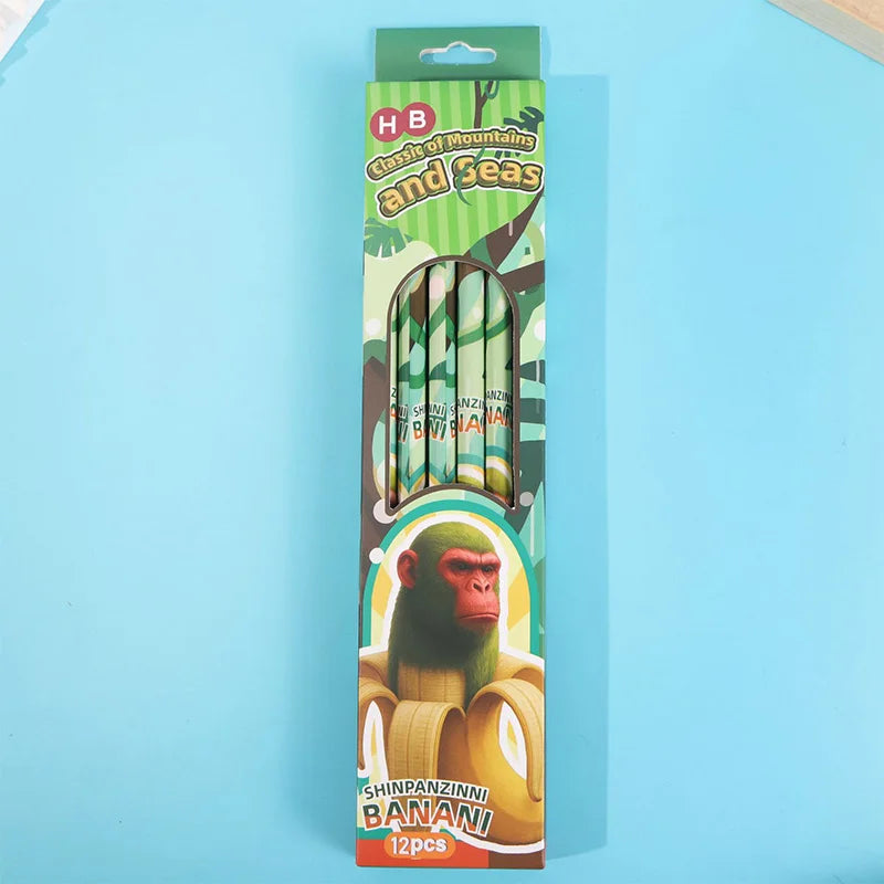 12pcs/box Foreign Shan Hai Jing Series HB Pencil with Eraser Pencil Wooden Stick Human Fusion Monster Pencil for back to school
