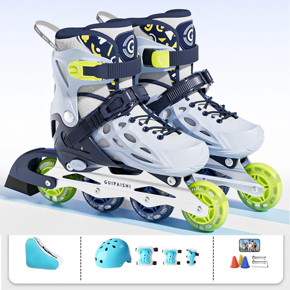 Inline Roller Skates With Helmet, Elbow And Knee Pads Shoe Bag Set Flash 4 Wheels Sneakers For Boys Girls Adjustable Skate Shoes