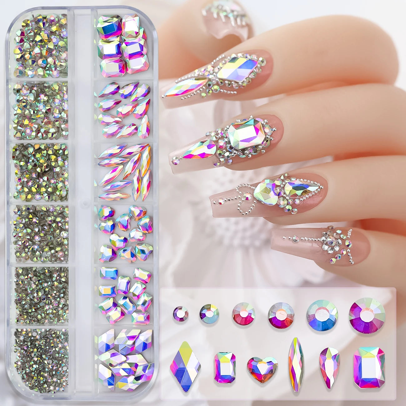 Nail Art Rhinestones Kit 2400pcs Nail Gems Ab Flatback Rhinestones Gems Stones with Storage Organizer for Design Bright Holiday
