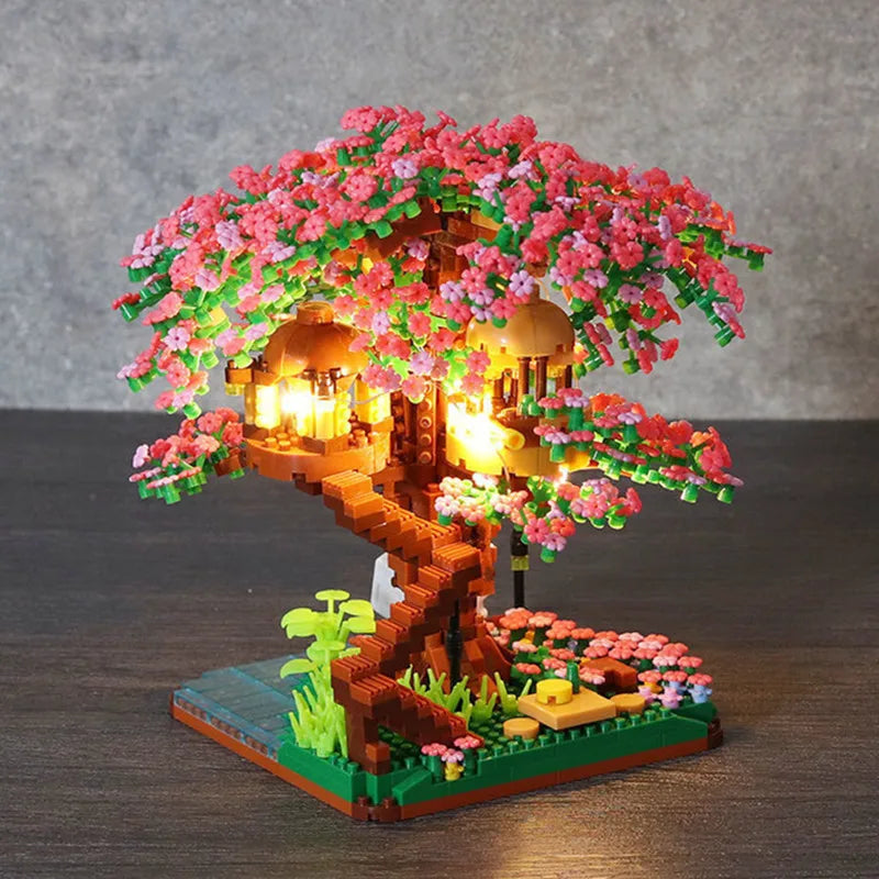 Cherry Bonsai Tree Building Blocks Set DIY Sakura Blossom Plants Bricks with Light Treehouse Model Romantic Gift for Girlfriend