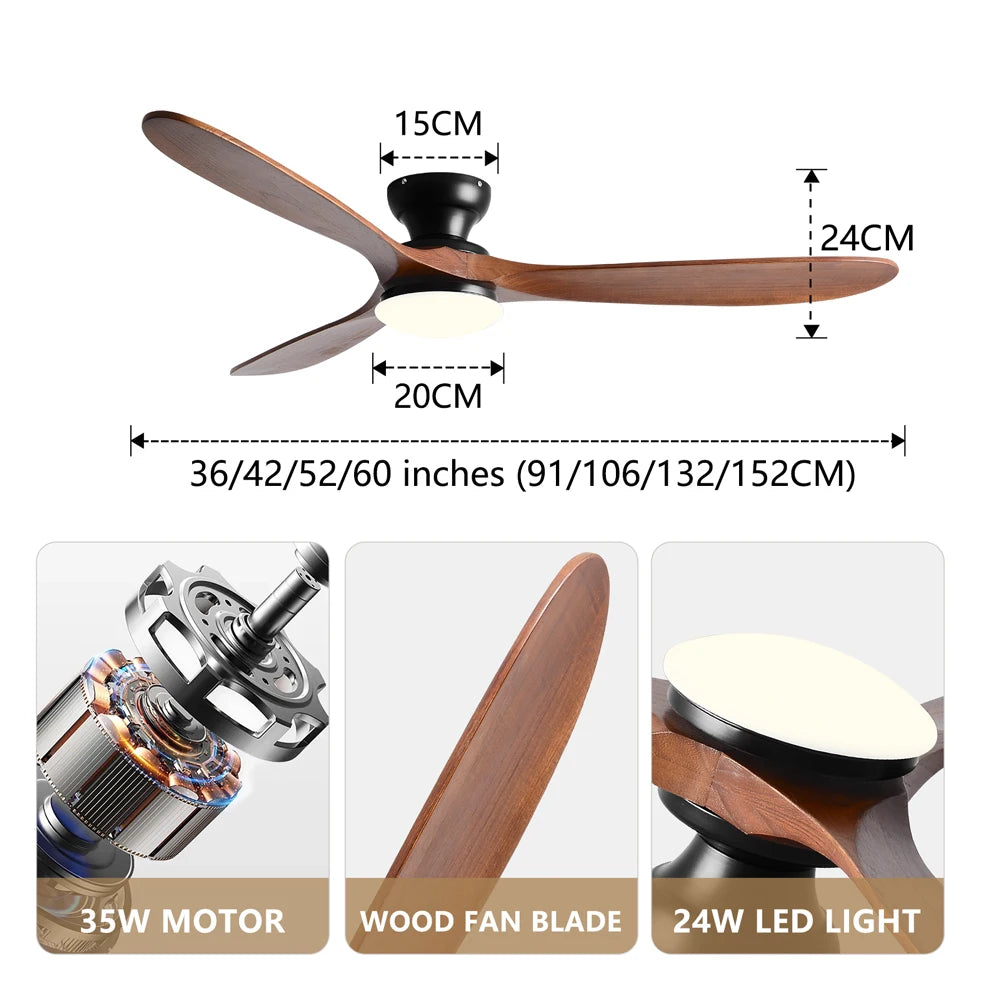 36/42/52inch Low Floor Ceiling Fan Light Remote Control Led Lights Indoor Restaurant Solid Wood Fan Leaves With Fan Chandelier
