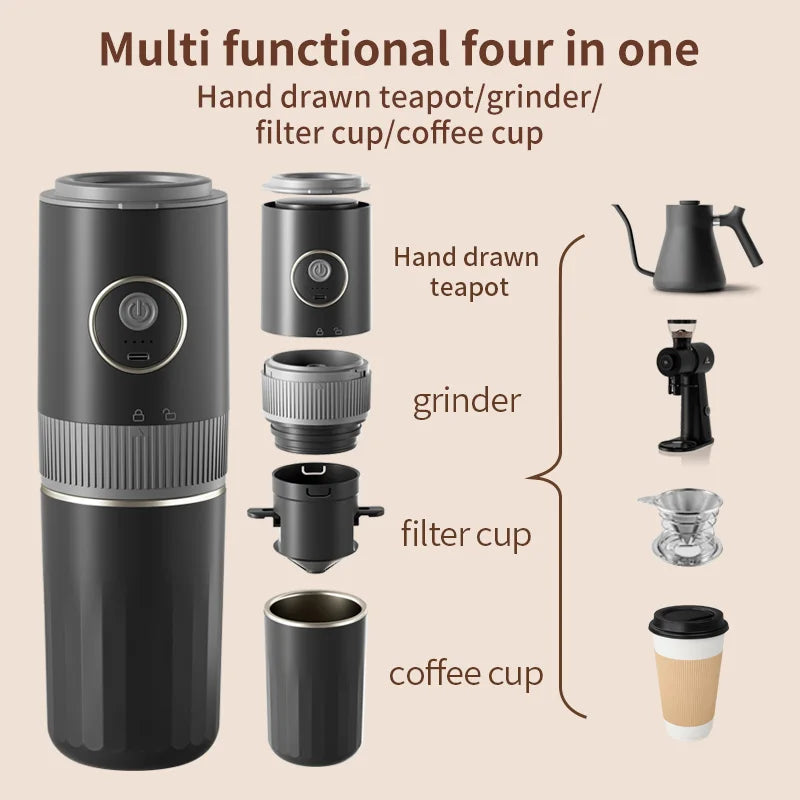 Travel-Friendly All-in-One Coffee Maker - Built-in Grinder, Handheld Espresso Machine & Mini Pour Over Cup for Home and Outdoor