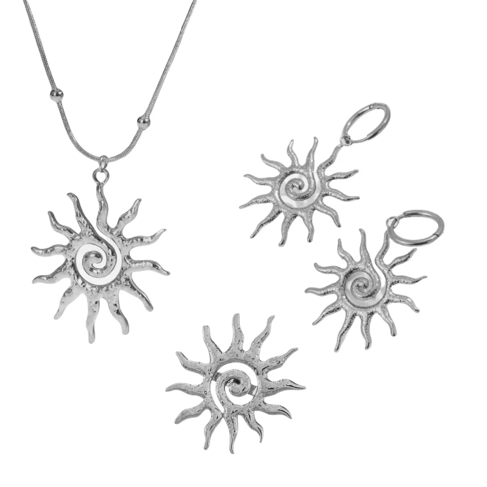 Fashion Vintage Chic Sun Shaped Pendant Necklace Stainless Steel Earrings Y2K Choker Golden Ring Jewlery Accessories Party Gifts