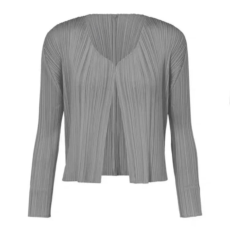 ISSEY Jacket Japan  Women's Basic Slim-Fit Solid Color Pleated Short Cardigan Lightweight Outerwear