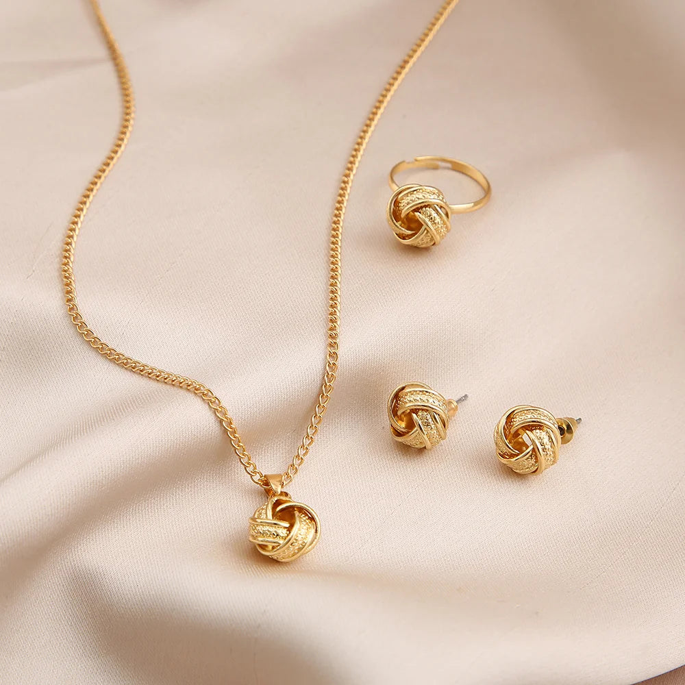 Gold Color Alloy Metal Twist Lucky Knot Earrings Necklace Ring Jewelry Set for Women Girls Trendy Geometric Vintage Accesories