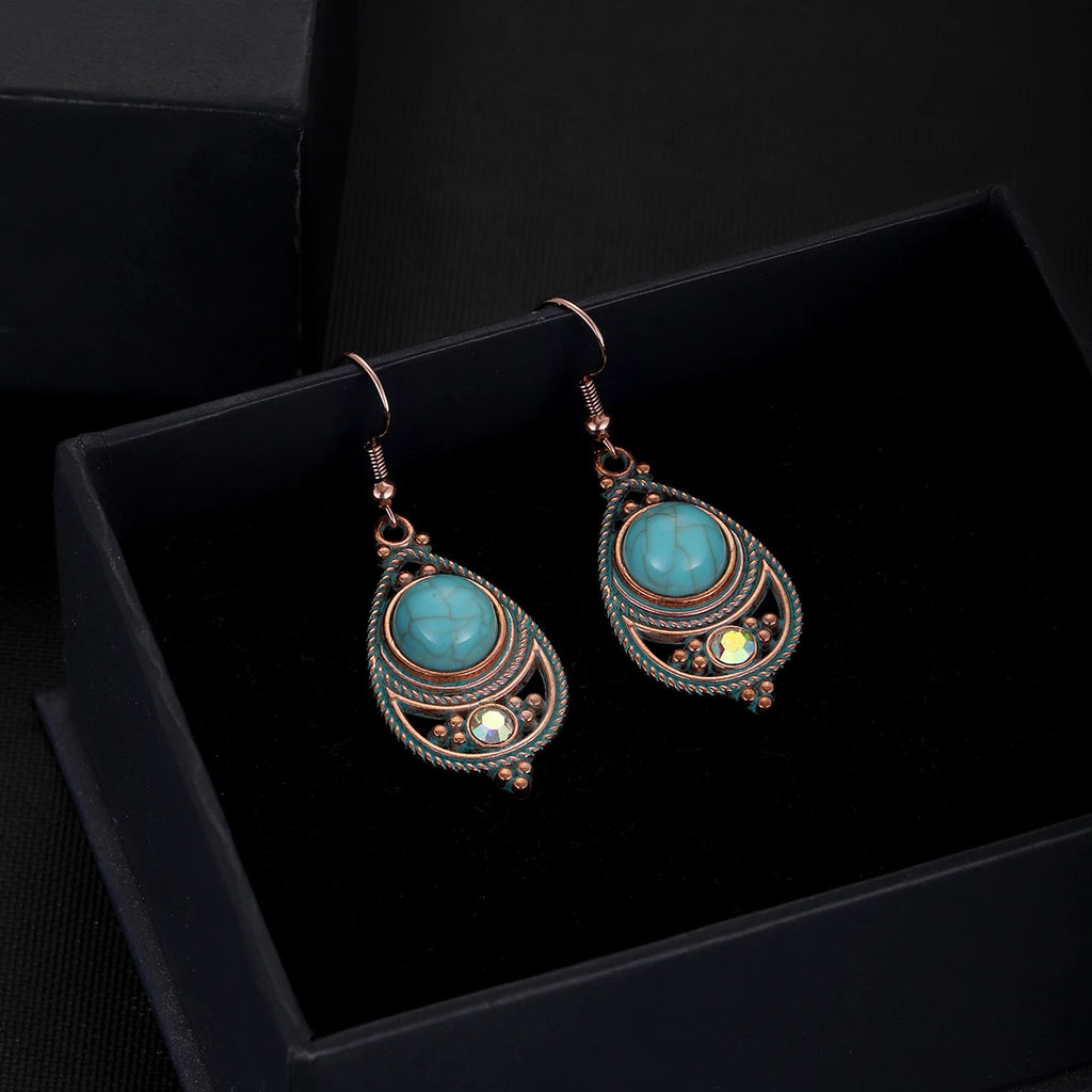 Antique New Blue Stone Turquoise Earring for Women Boho Fashion Bronze Geometric Water Drop Flower Dangle Earrings Jhumka