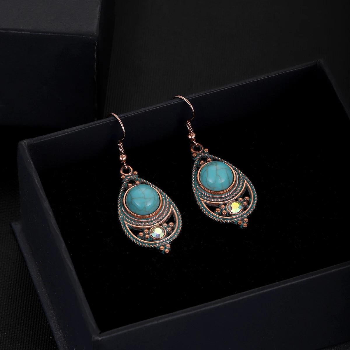 Antique New Blue Stone Turquoise Earring for Women Boho Fashion Bronze Geometric Water Drop Flower Dangle Earrings Jhumka