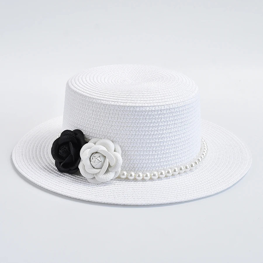 Straw Hats for Women French Style Elegant Holidays Boater Hat Summer Flat Top Beach Sun Hats Gorro