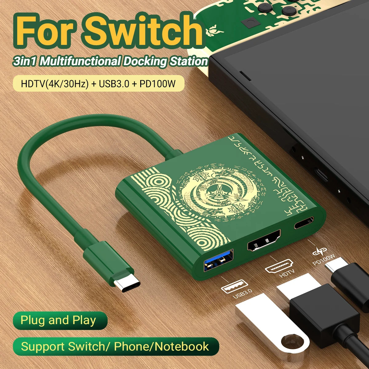 3 In 1 USB C HUB Type C to HDMI 4K with PD 100W Fast Charging USB 3.0 Docking Station for Switch MacBook Laptop Computer Phone