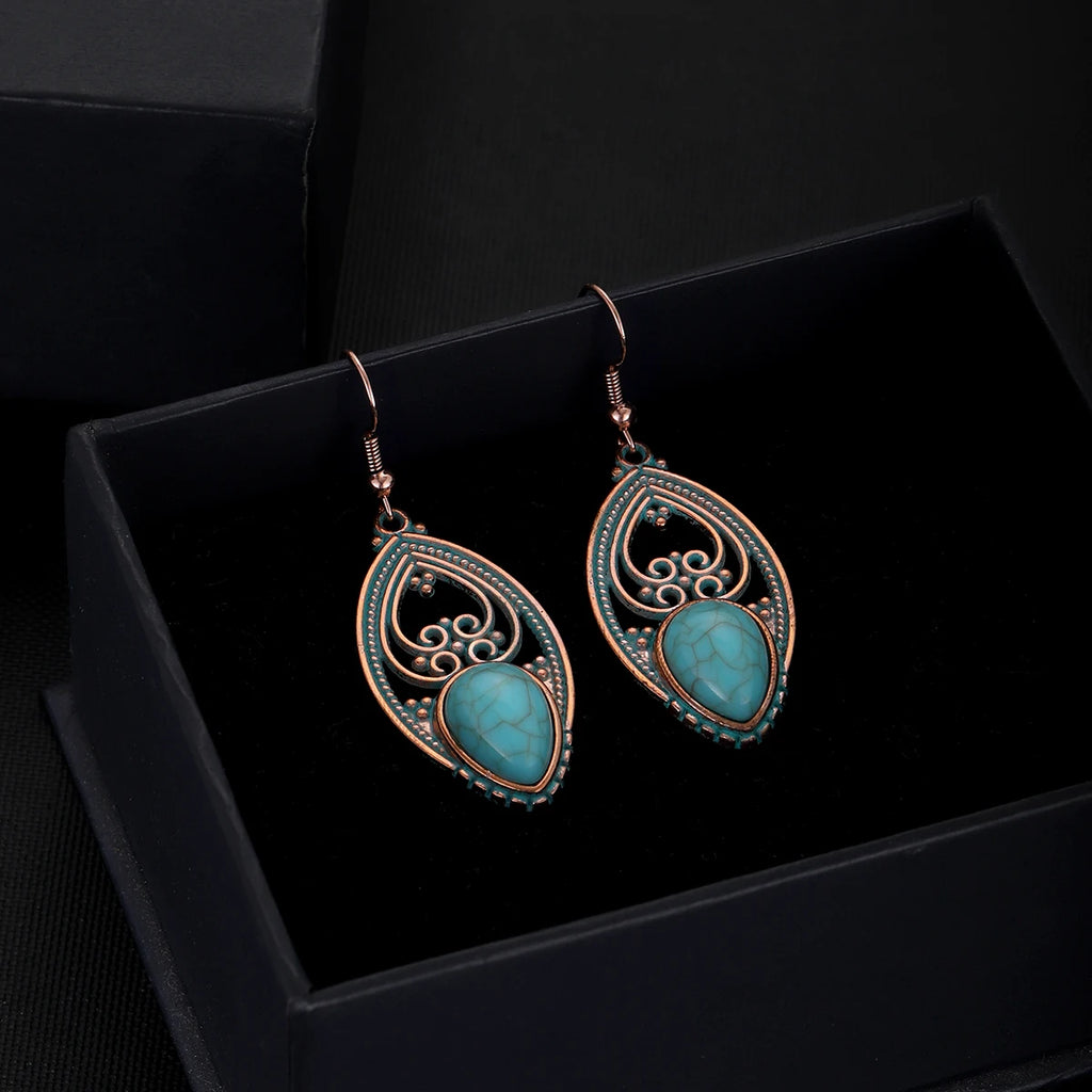 Antique New Blue Stone Turquoise Earring for Women Boho Fashion Bronze Geometric Water Drop Flower Dangle Earrings Jhumka
