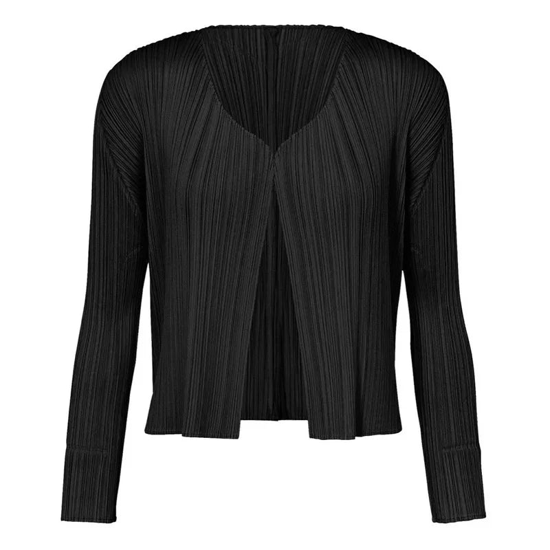 ISSEY Jacket Japan  Women's Basic Slim-Fit Solid Color Pleated Short Cardigan Lightweight Outerwear