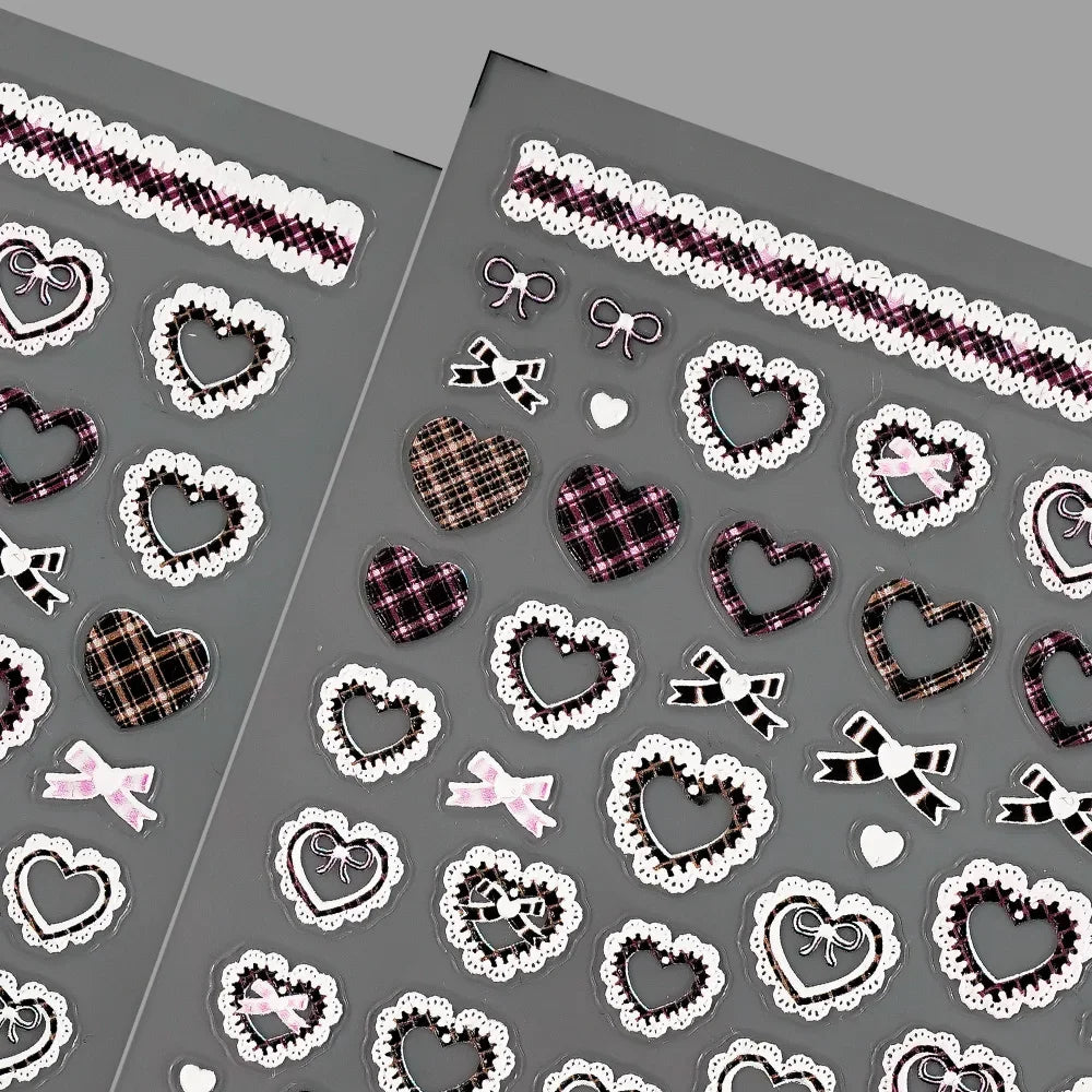 Sweet Pink Bowknot Black Lace Heart Nail Stickers 3D Self Adhesive Nail Art Stickers Manicure Decorations Decals