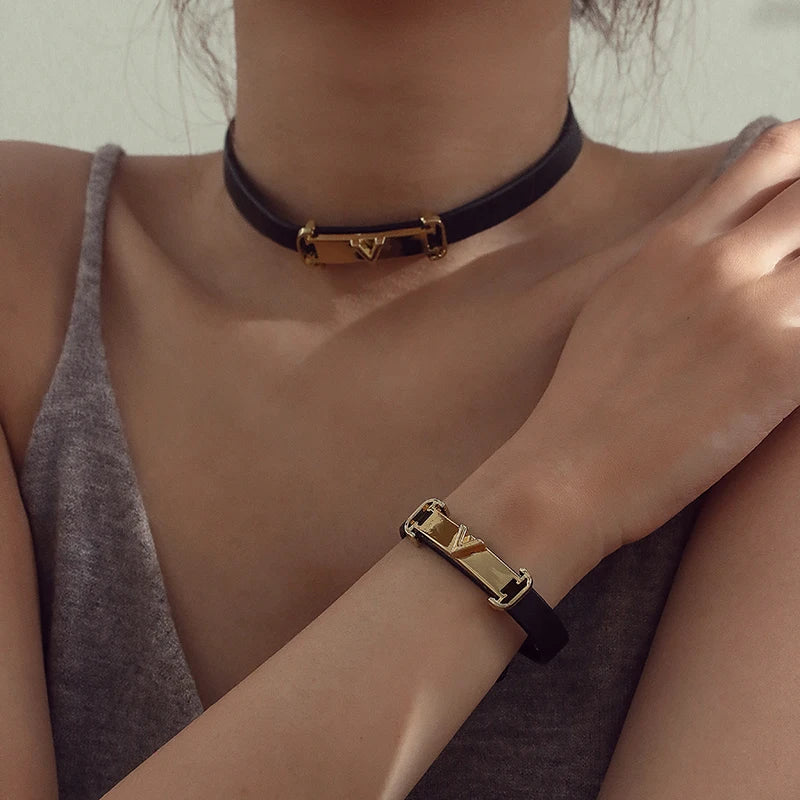 Minimal Geometric Leather Bracelet with Gold-Tone Metal Clasp Adjustable Fashion Wristband for Women Simple Design  Daily Wear