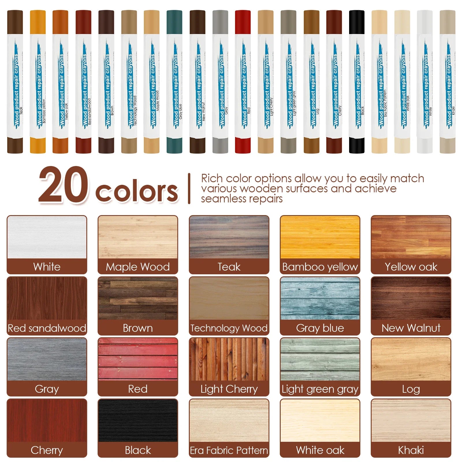 20 Colors Furniture Filler Sticks for Furniture Touch-ups and Repairs Wood Crayon Markers for Remover Scratches Holes Laminate