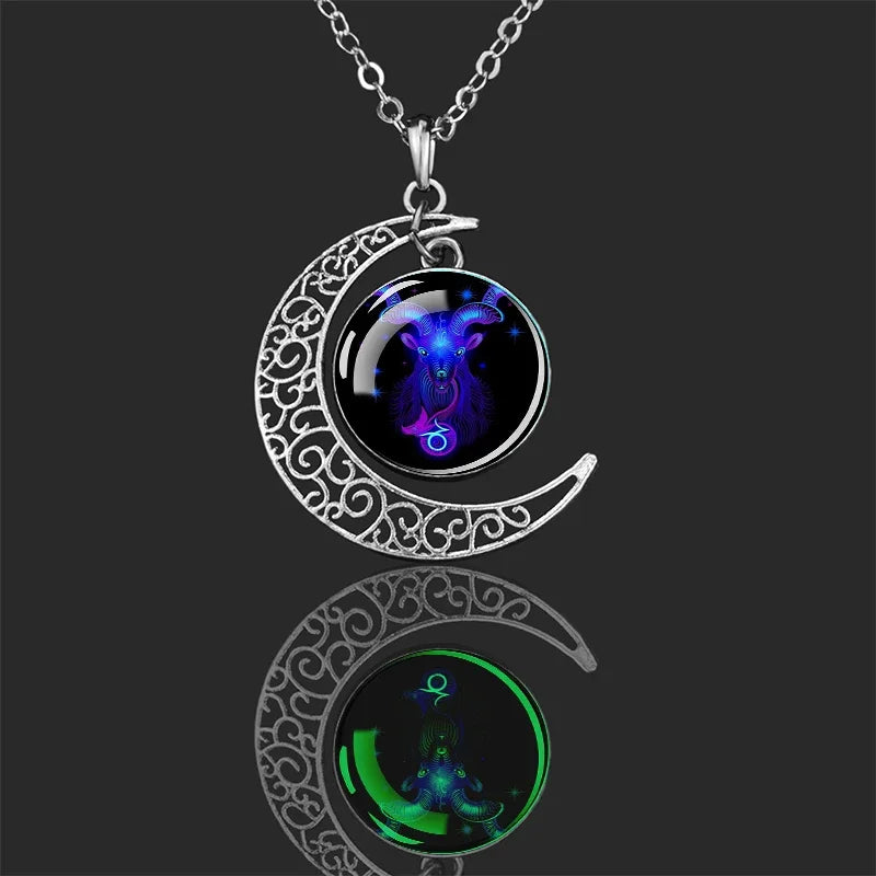 Luminous 12 Constellations Zodiac Signs Necklaces Crescent Moon Pendant Chains Necklace for Women and Men Birthday Jewelry Gifts
