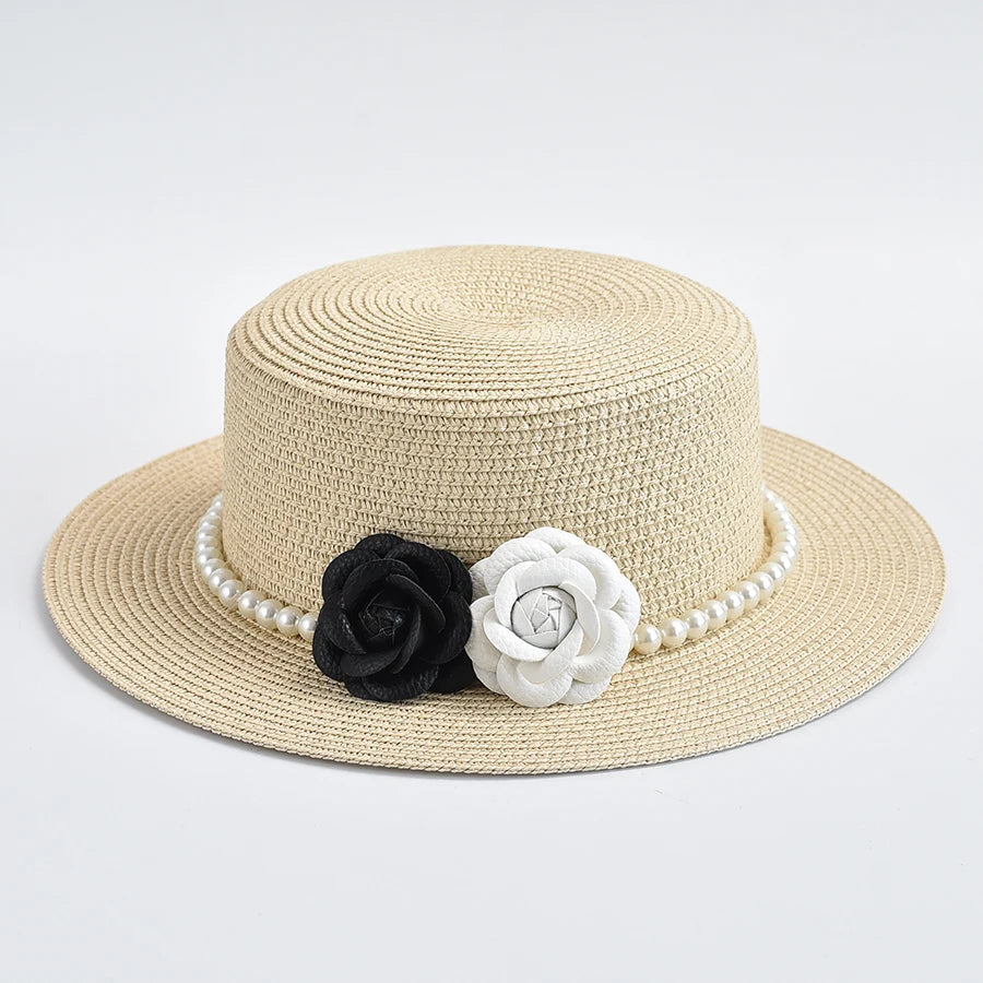 Straw Hats for Women French Style Elegant Holidays Boater Hat Summer Flat Top Beach Sun Hats Gorro