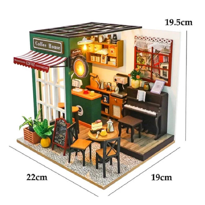 DIY 3D Puzzles Wooden Toy Miniature Dollhouse Handmade Doll House Model Building Kits Coffee House Toys For Xmas Gifts