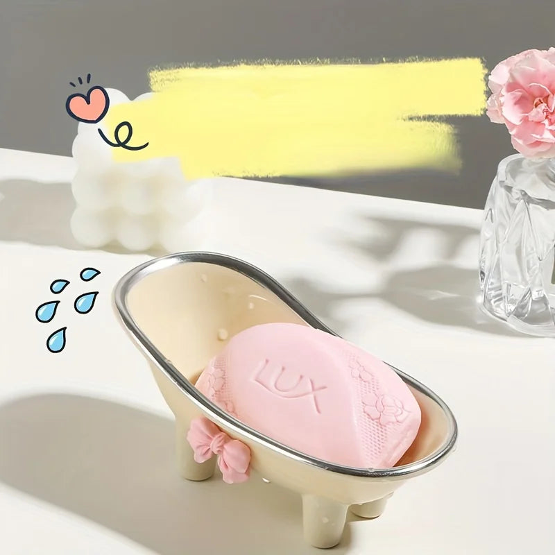 1pc Mini Bathtub-Shaped Soap Dish Charming Bathroom Accessory with Decorative Pink Bow