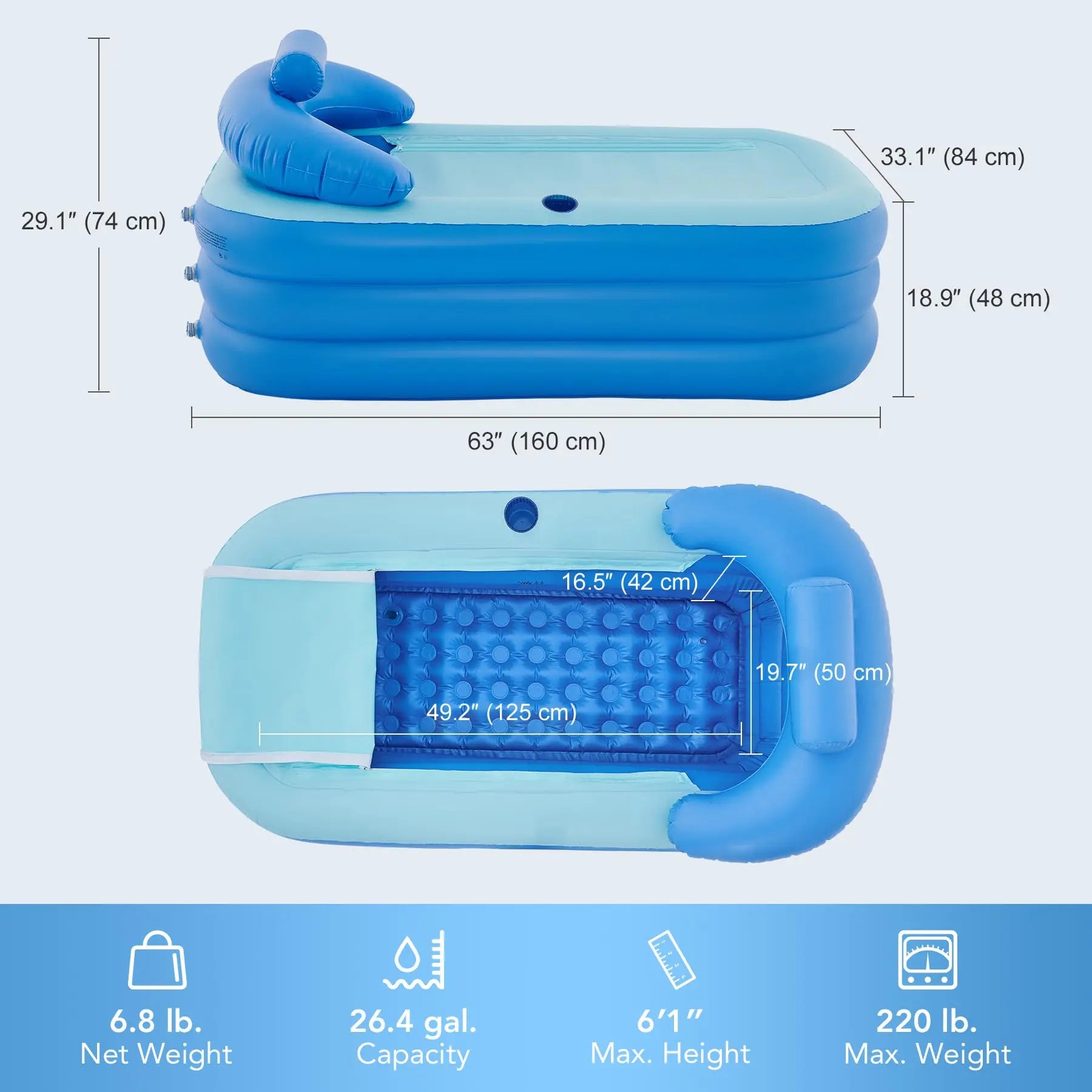 Inflatable Adult Bath Tub, Free-Standing Blow Up Bathtub with Foldable Portable Feature for Adult Spa with Electric Air Pump
