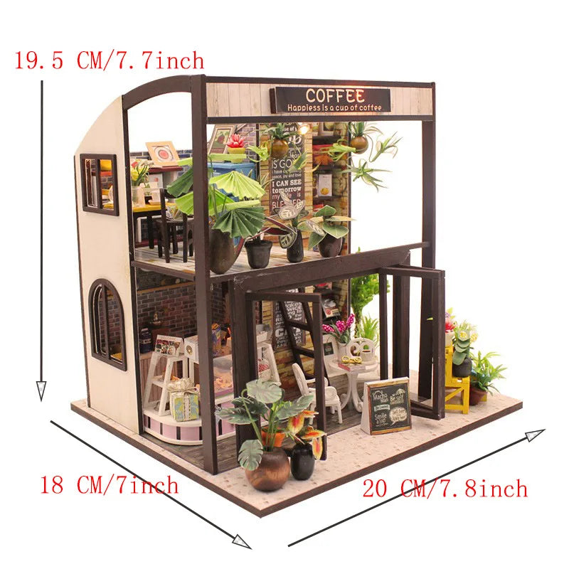 DIY 3D Puzzles Wooden Toy Miniature Dollhouse Handmade Doll House Model Building Kits Coffee House Toys For Xmas Gifts